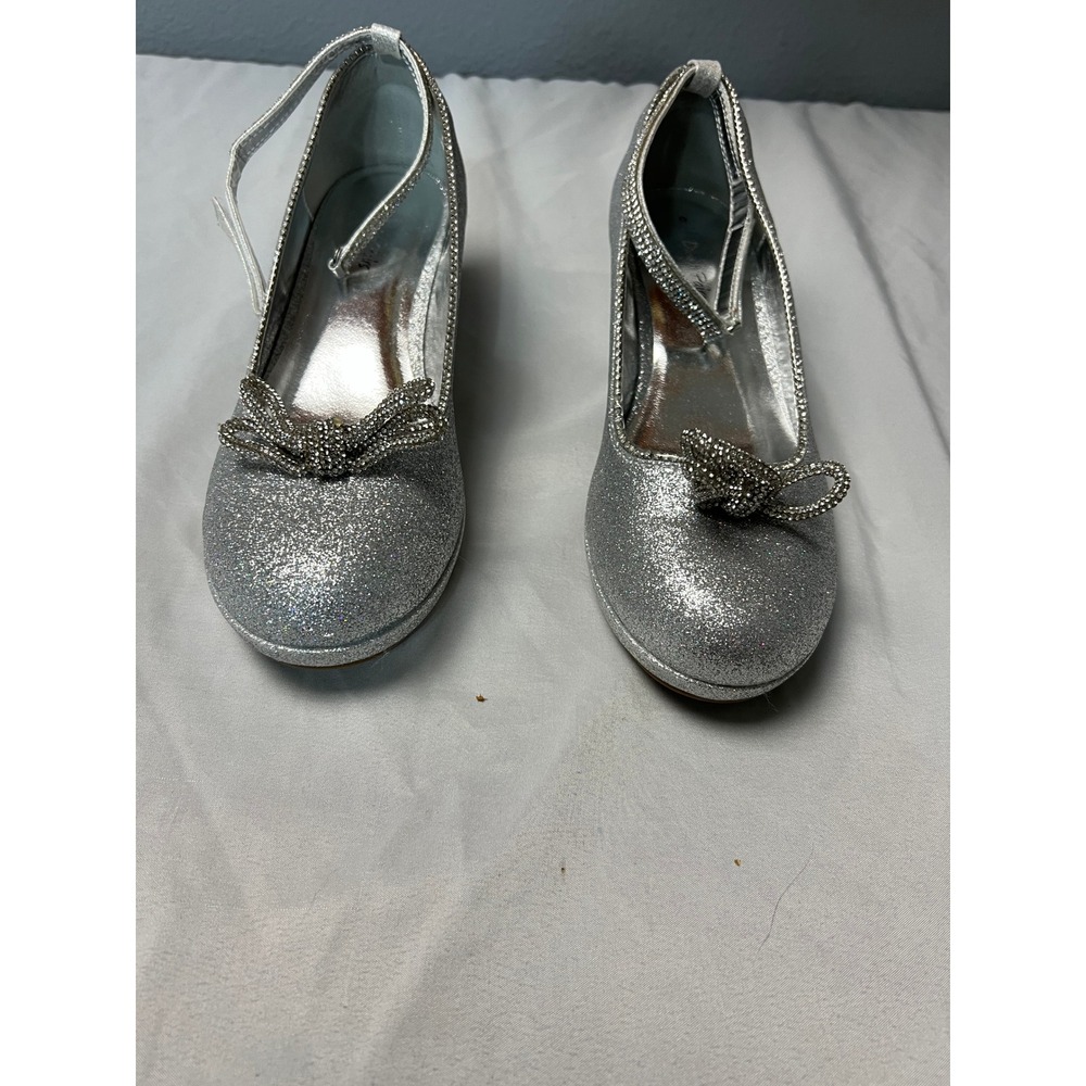 Dream Pairs Girls Silver Glitter Mary Jane Pumps Rhinestone Bow Block Heel Sz 6